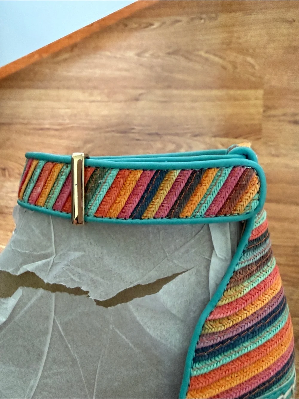 Colorful Striped Ankle-Strap Wedge Sandals - Turquoise Multi
